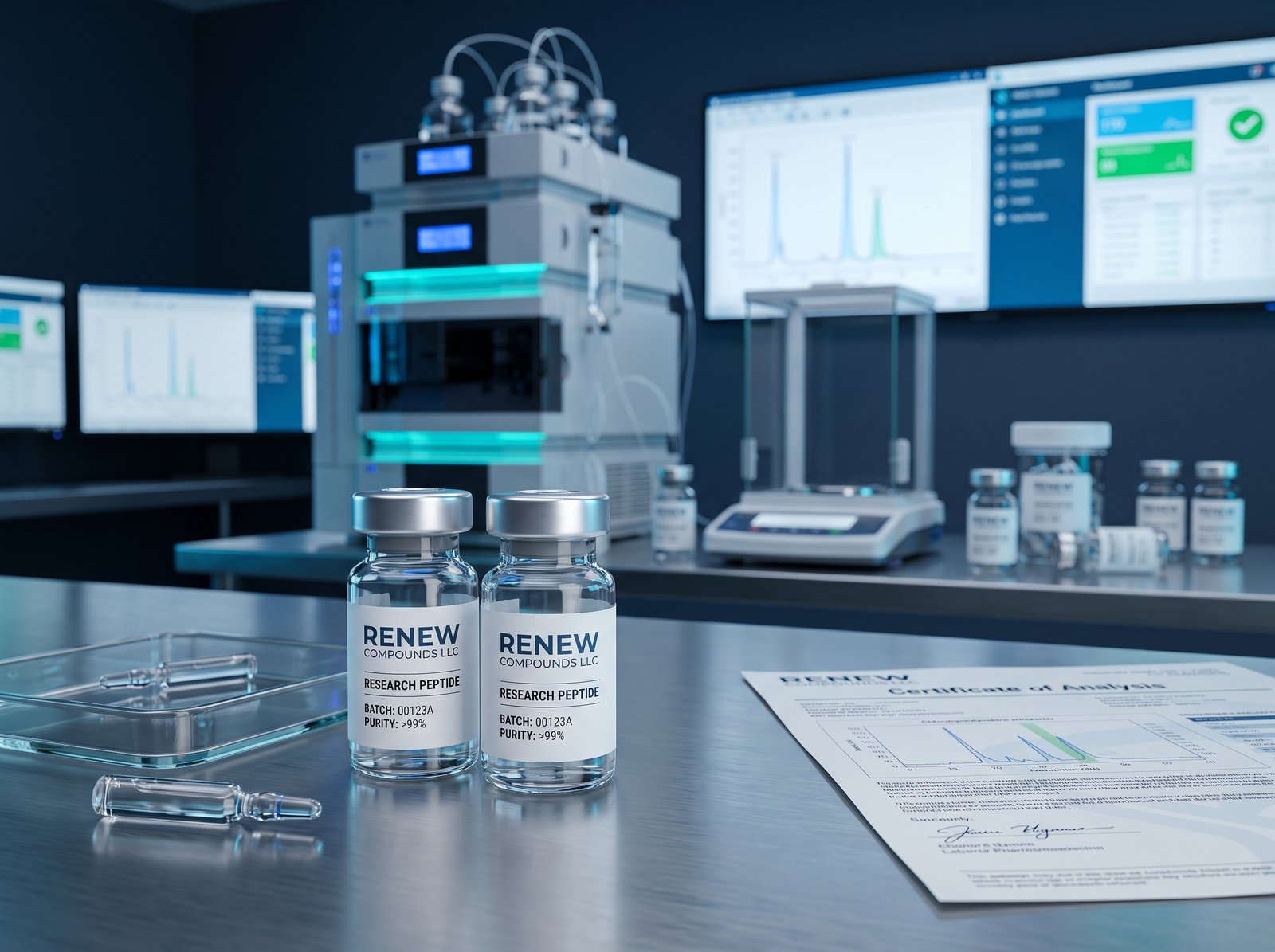 HPLC analysis station with Renew Compounds research peptide vials and a Certificate of Analysis