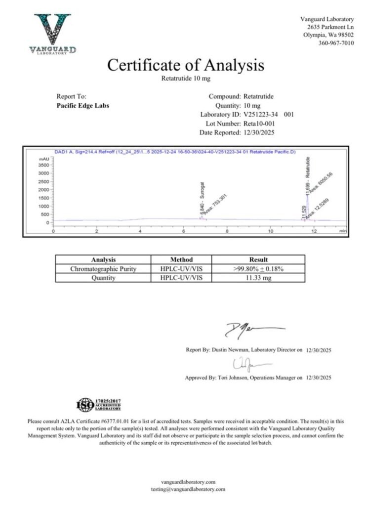 Retatrutide 10 mg Lot Reta10-001 Certificate of Analysis preview