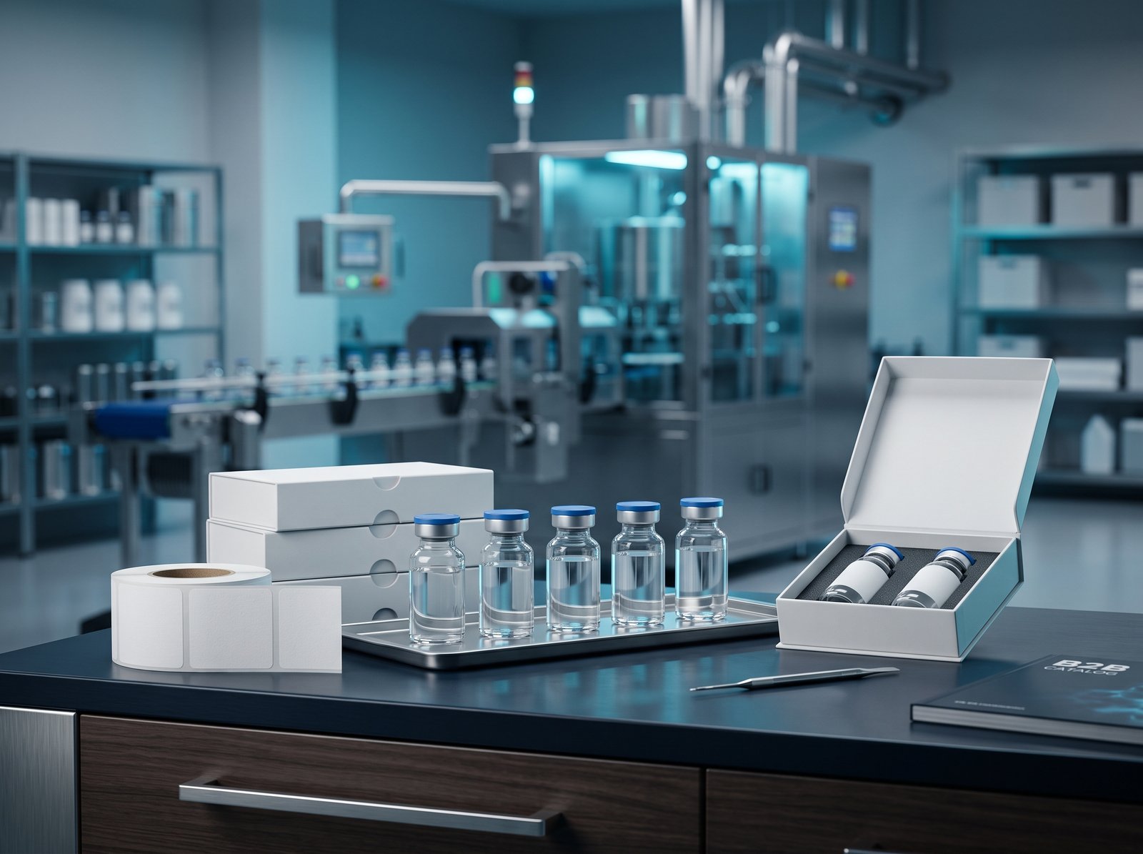 White-label peptide packaging and research vials prepared for wholesale distribution