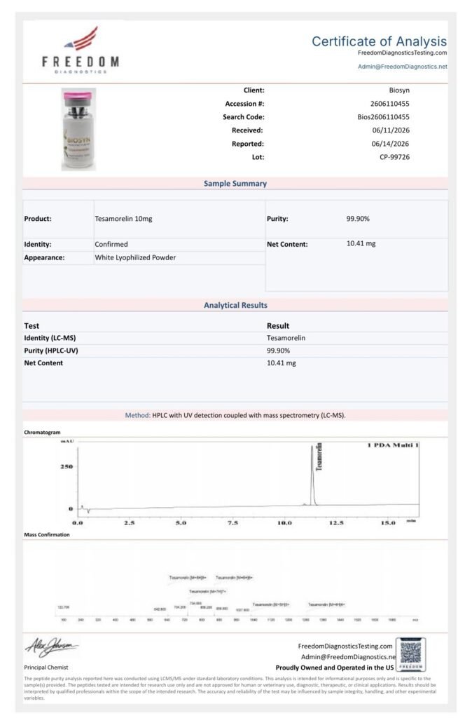 Tesamorelin 10 mg Lot CP-99726 Certificate of Analysis preview