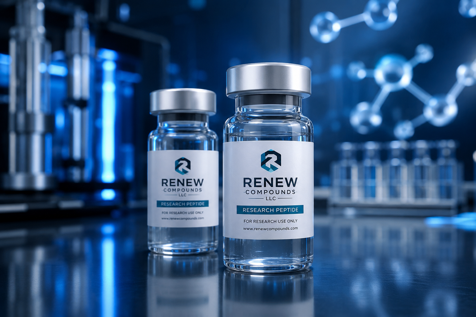 Renew Compounds research peptide vials arranged on a laboratory bench