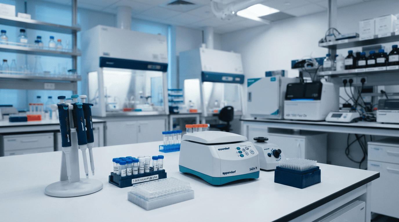 Organized research laboratory with peptide handling and analytical equipment