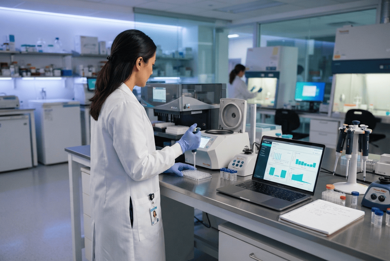 Laboratory scientist reviewing analytical results at a research workstation