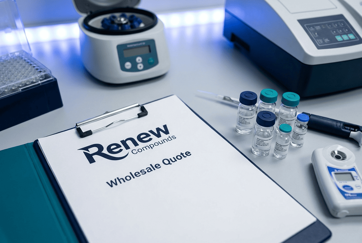 Renew Compounds wholesale quote displayed with research peptide vials and laboratory equipment