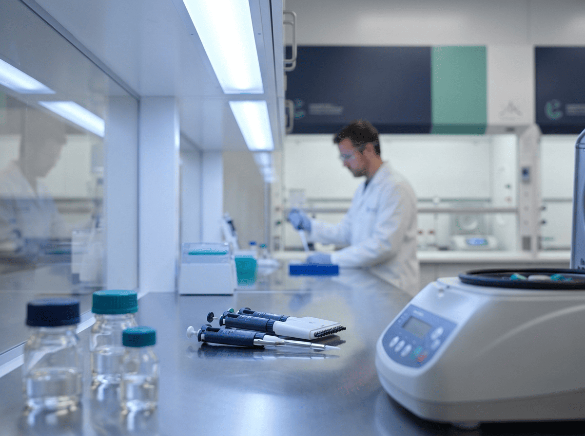 Research scientist working at a laboratory bench with analytical equipment