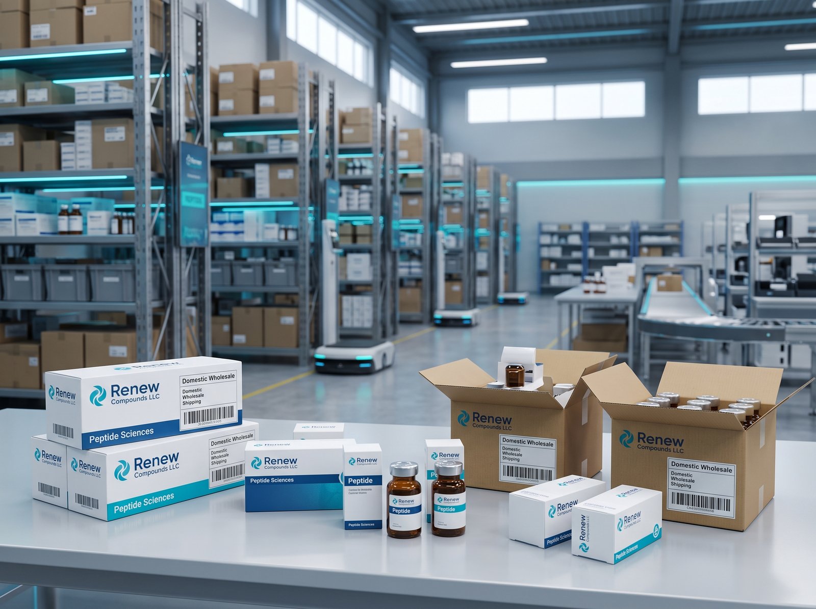 Renew Compounds wholesale peptide cases staged in the fulfillment warehouse