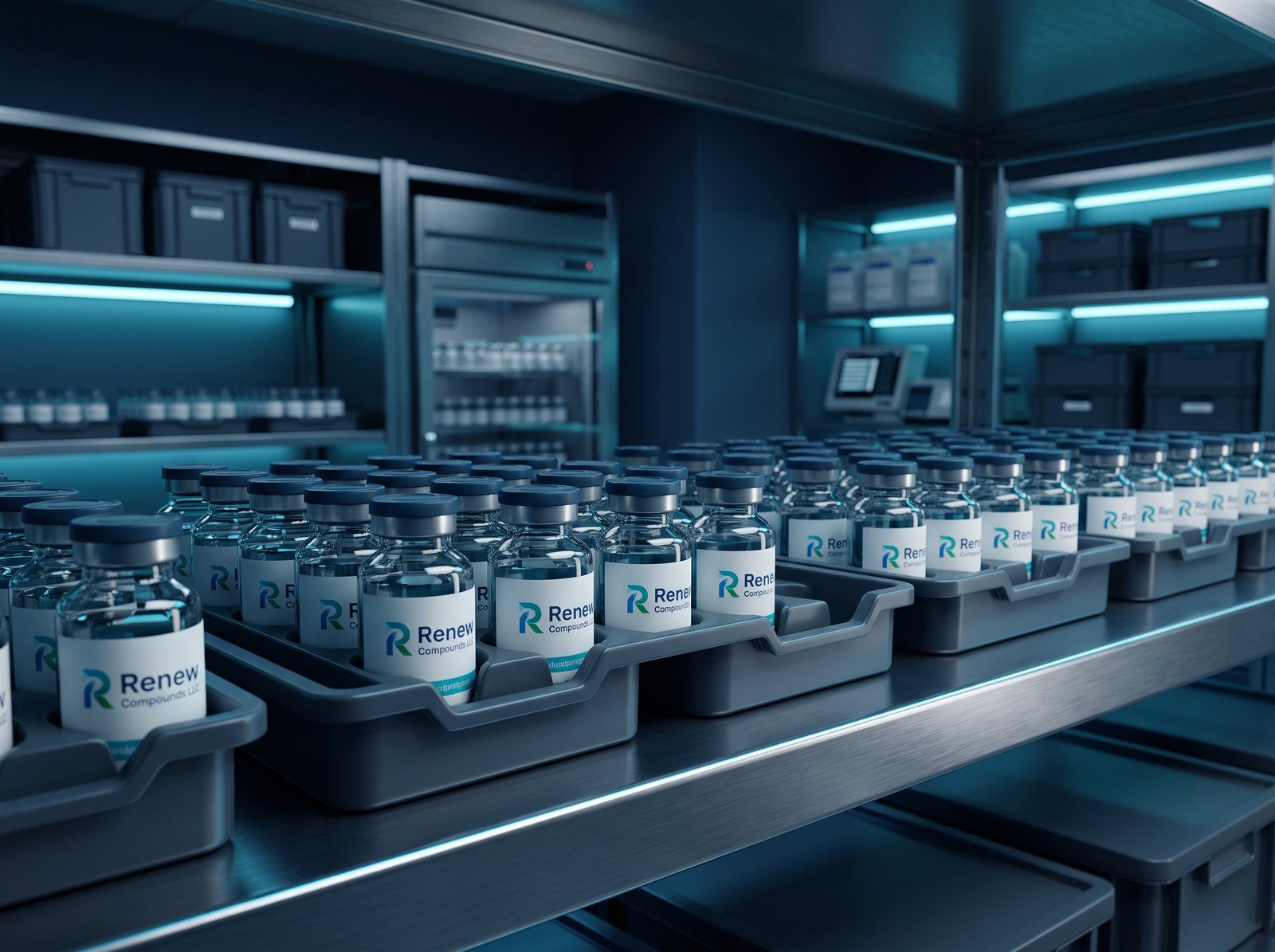 Sealed research vials on a filling line inside a controlled U.S. facility
