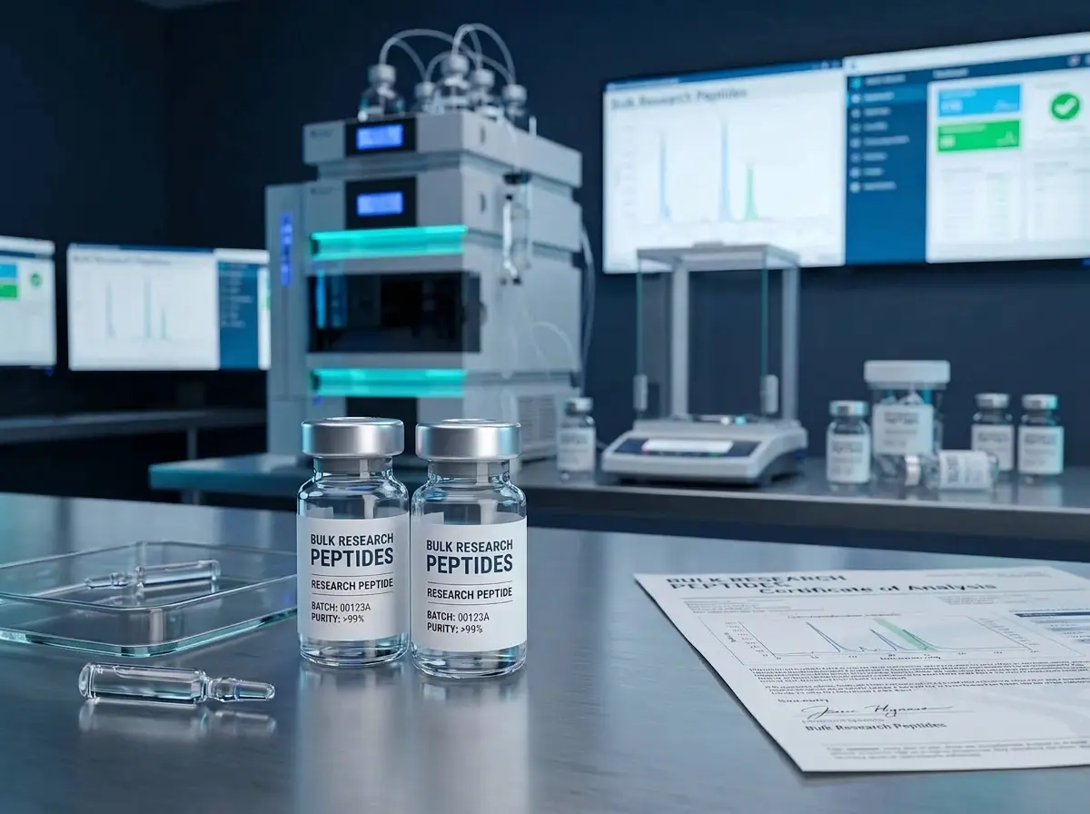 HPLC analysis station with Bulk Research Peptides research peptide vials and a printed Certificate of Analysis