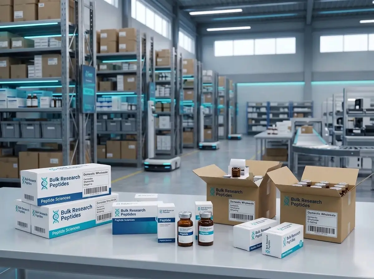 Renew Compounds USA warehouse with wholesale peptide cases packed for dispatch