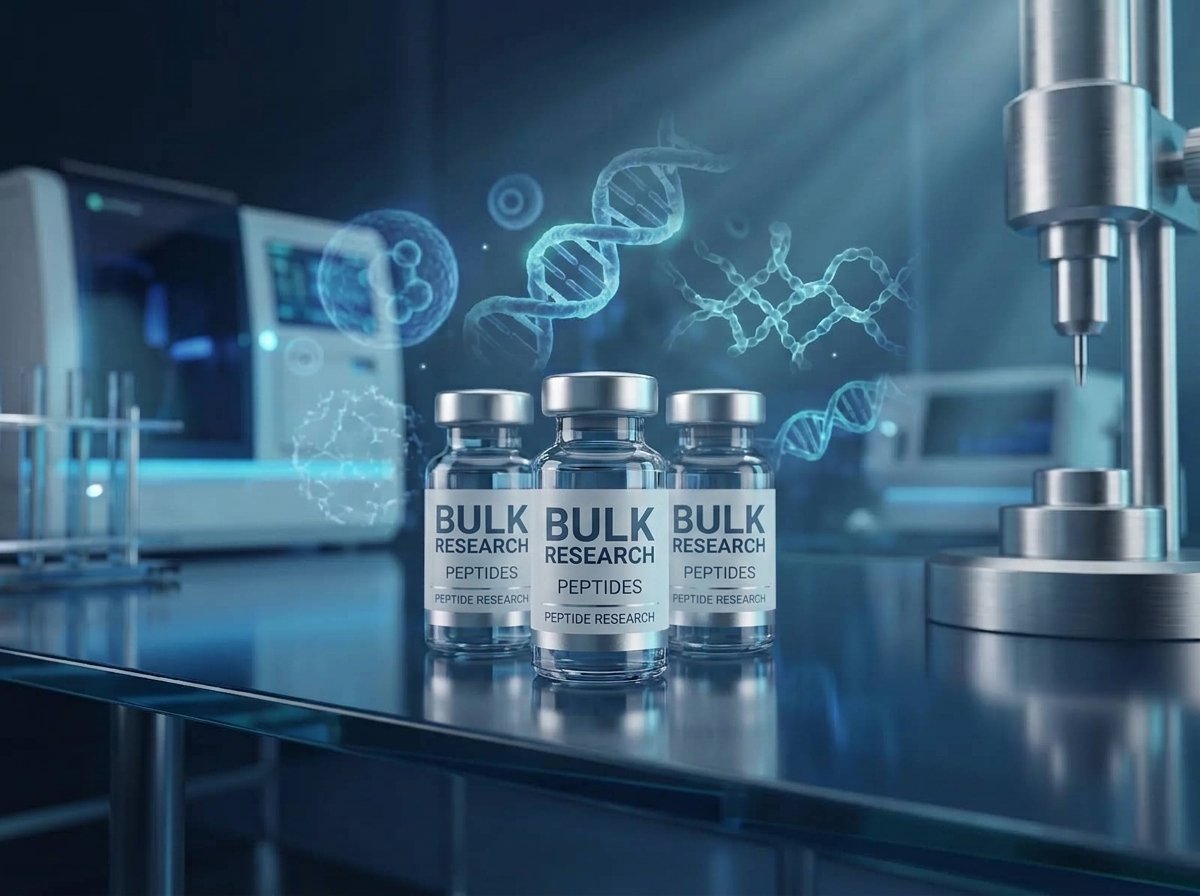 Two Renew Compounds research peptide vials on a laboratory bench with molecular imagery